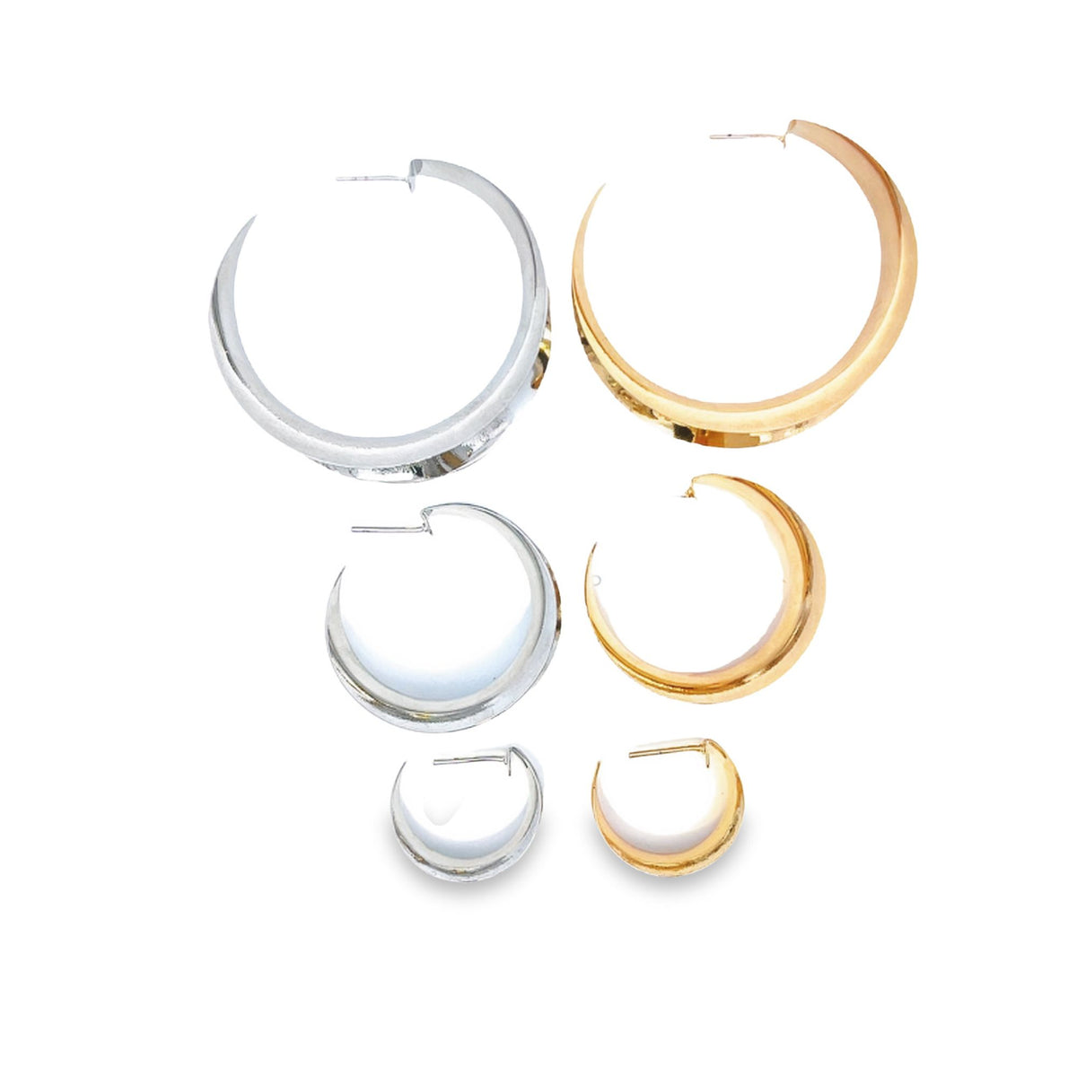 Three pairs of silver and gold chunky hoop earrings are arranged neatly in descending sizes against a clean white background.