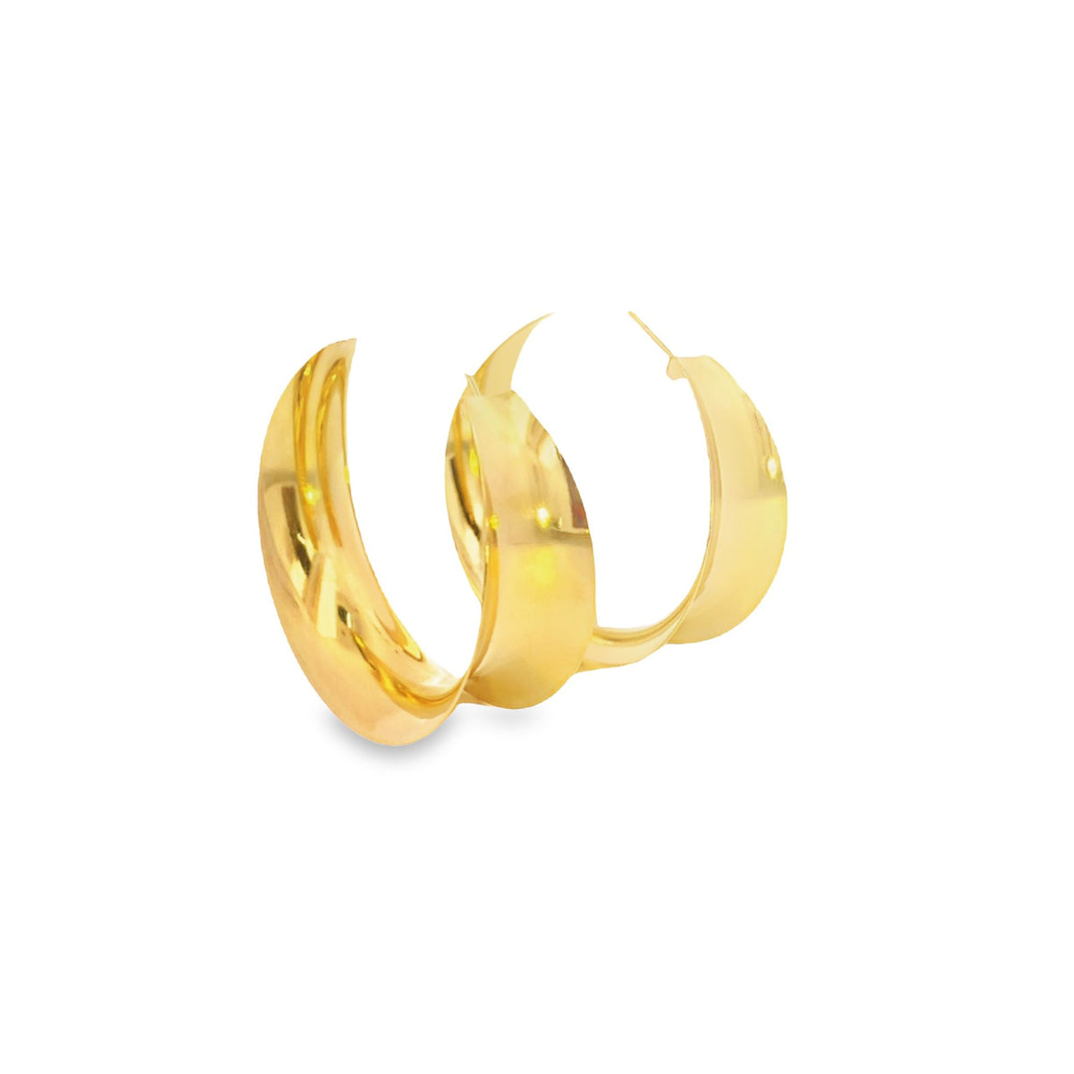 A pair of polished gold hoop earrings gleams against a clean white background.