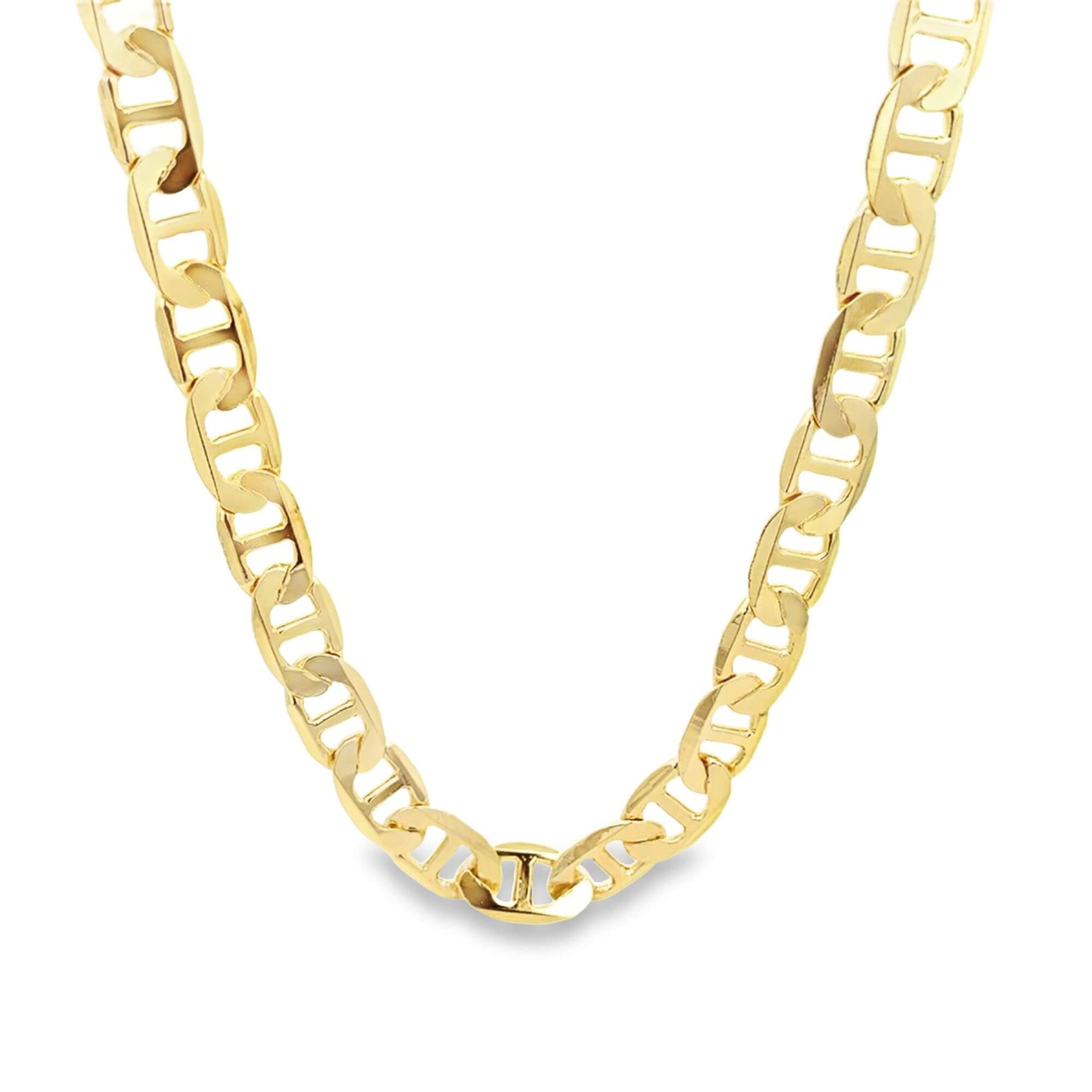 A thick, polished yellow gold Mariner link chain drapes gracefully against a clean white background.