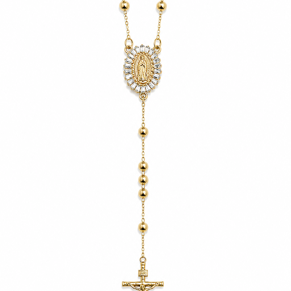 Elegant Catholic rosary necklace crafted in 18K gold filled finish featuring cross pendants and religious medal styles including Saint Jude and Guadalupe. A timeless faith-inspired necklace perfect for layering or everyday wear.