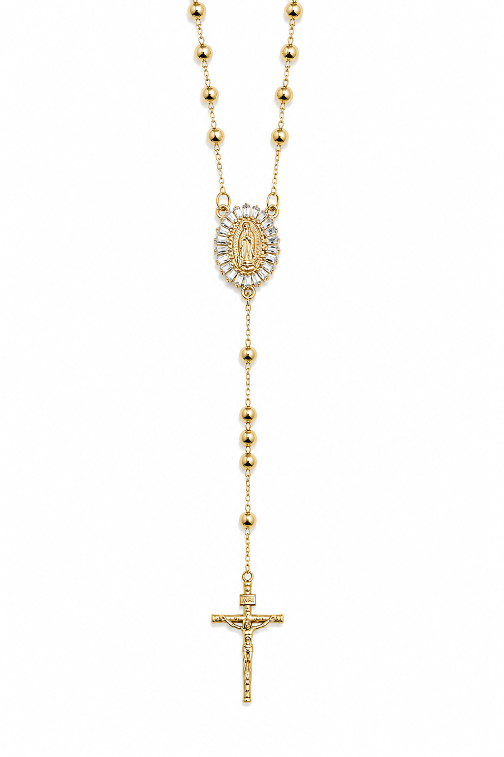 Elegant Catholic rosary necklace crafted in 18K gold filled finish featuring cross pendants and religious medal styles including Saint Jude and Guadalupe. A timeless faith-inspired necklace perfect for layering or everyday wear.