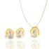 A matching gold necklace and earring set features abstract geometric pendants with textured white stone accents on a white background.