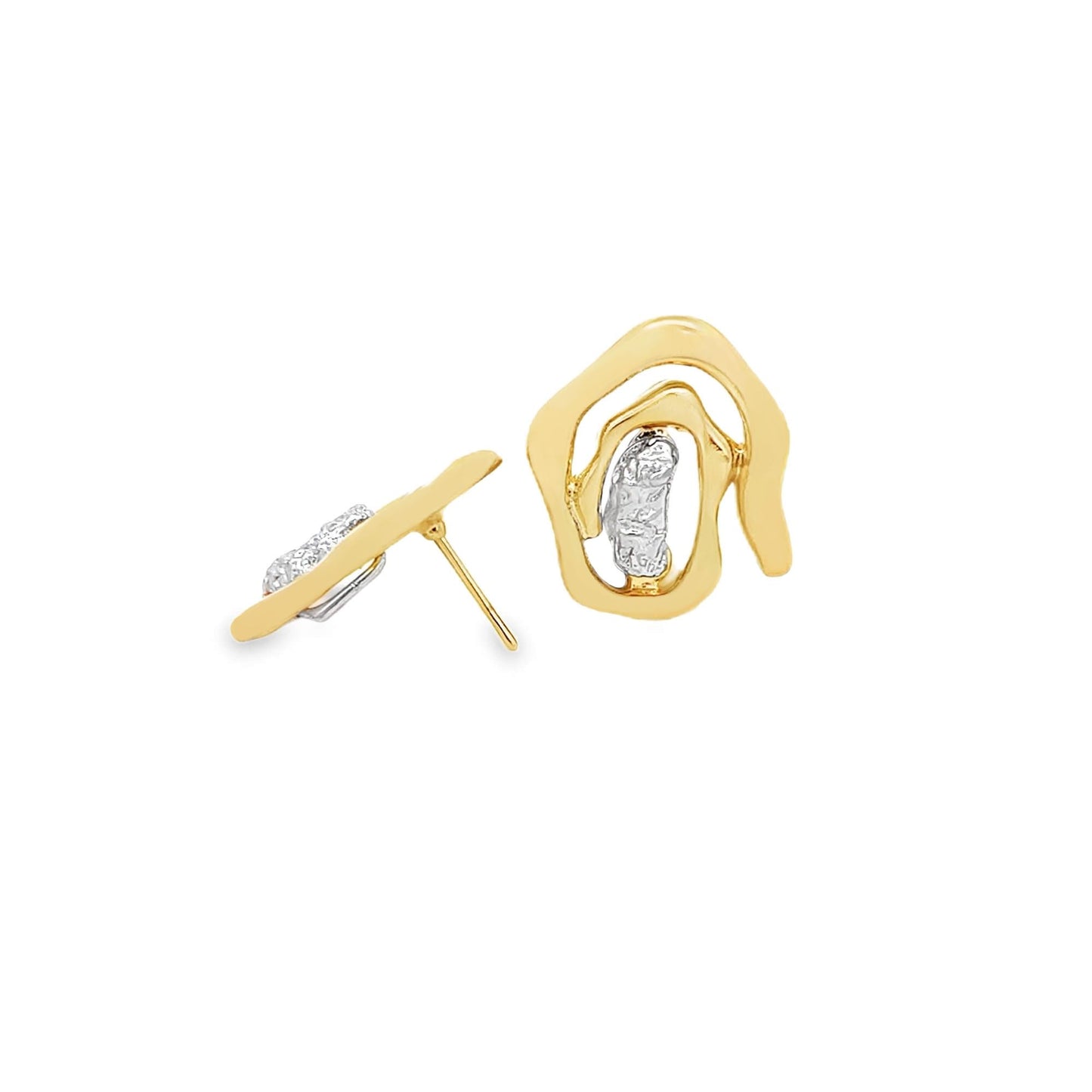 A pair of modern gold earrings featuring abstract wavy shapes with textured silver-tone center details displayed on a clean white background.