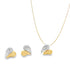 A matching two-tone gold heart jewelry set displays a delicate necklace with a pendant alongside a pair of textured white and yellow gold stud earrings.