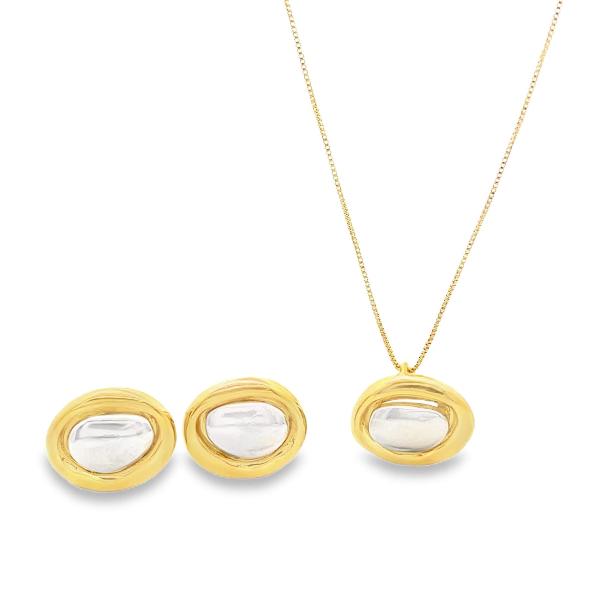 A matching gold-plated jewelry set features an oval pendant necklace and two matching stud earrings with irregular gold bezels enclosing smooth white stones.