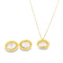 A matching gold-plated jewelry set features an oval pendant necklace and two matching stud earrings with irregular gold bezels enclosing smooth white stones.