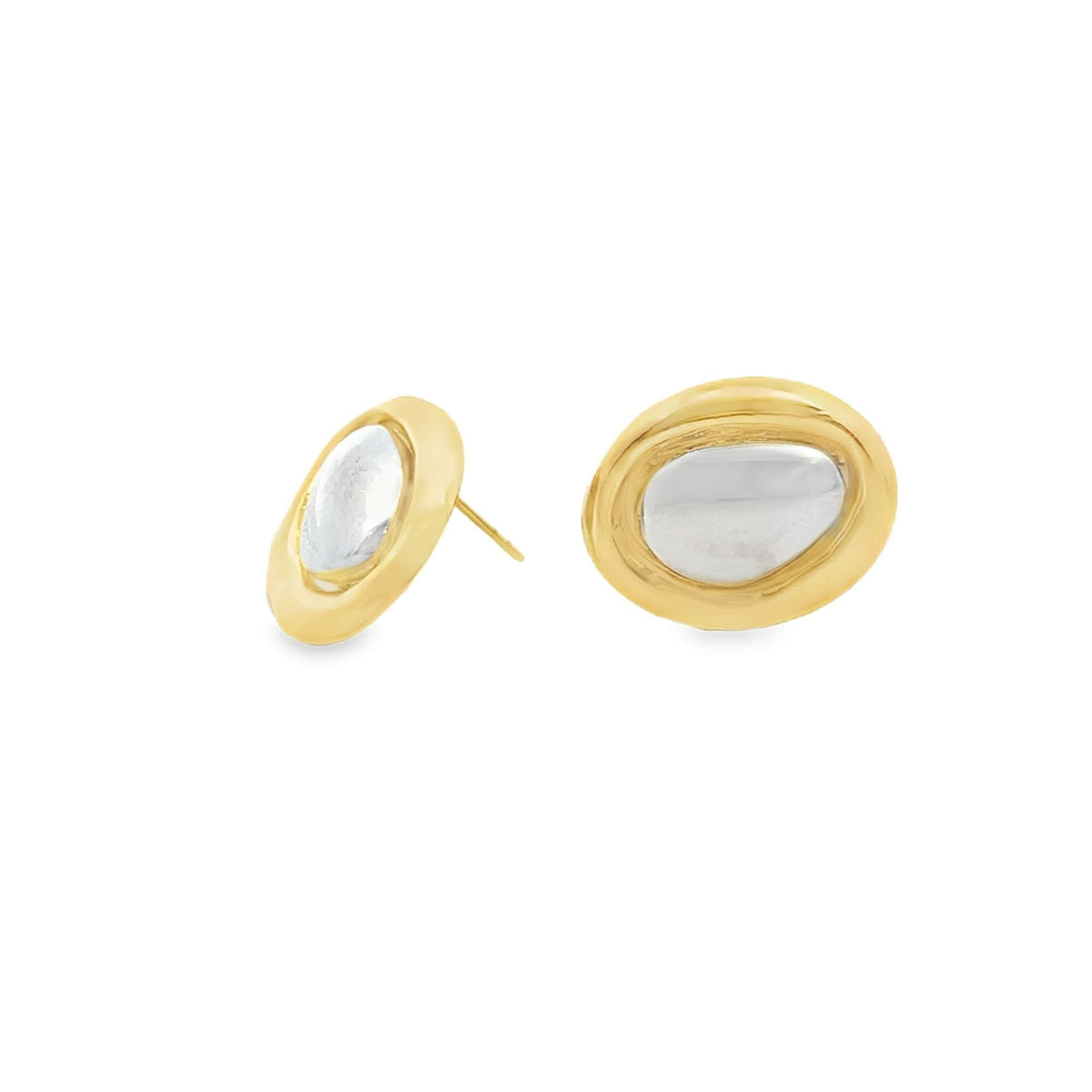 A pair of gold oval stud earrings features a polished silver inlay against a clean white background.