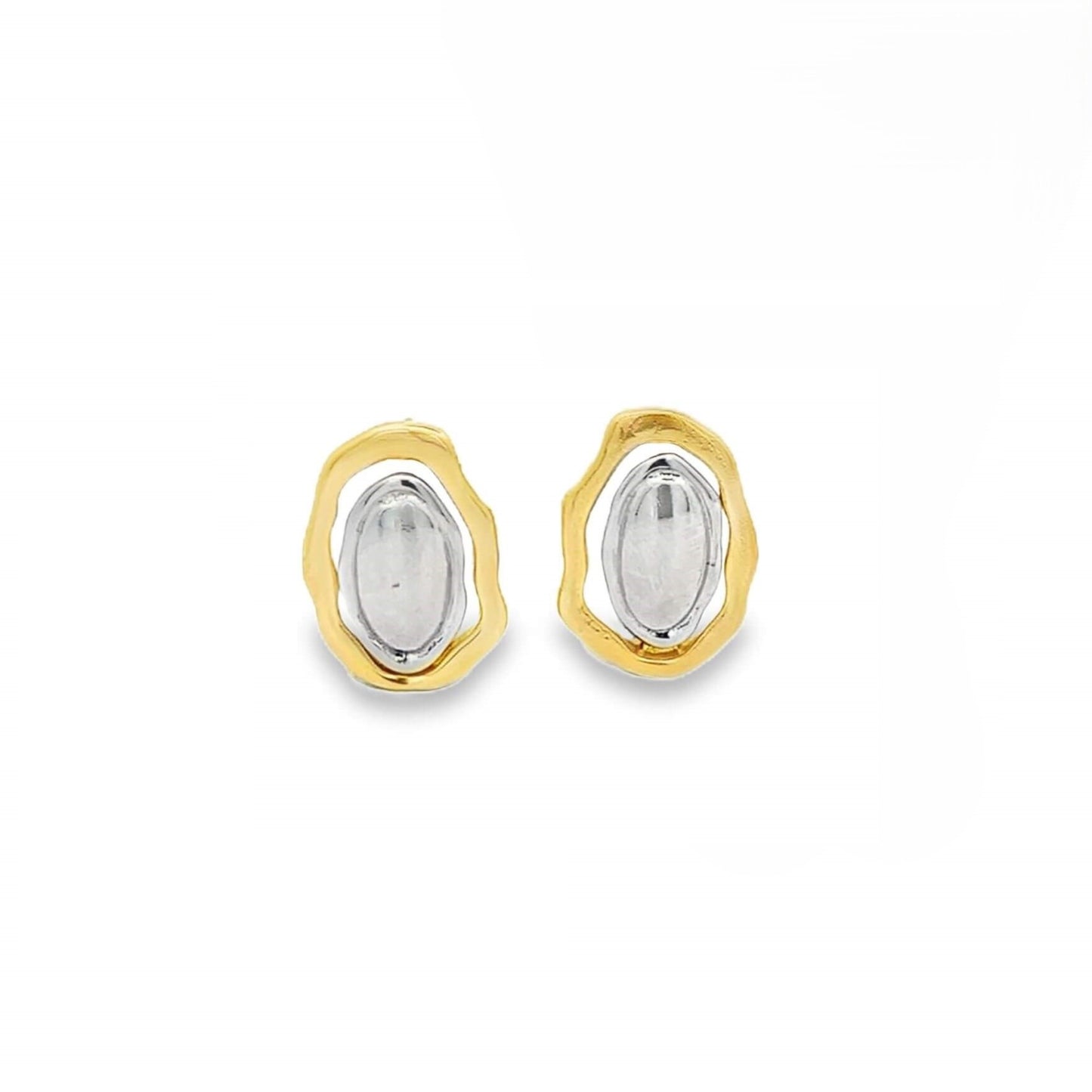 A pair of two-tone stud earrings features textured yellow gold outer frames cradling shiny silver oval centers against a clean white background.