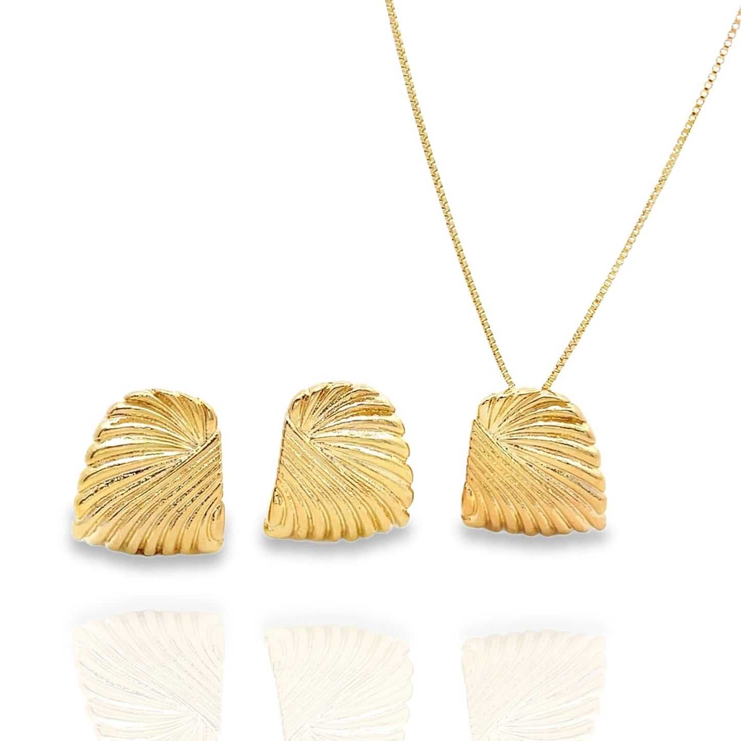 A matching gold jewelry set features textured shell-shaped studs and a pendant necklace on a delicate chain against a white background.