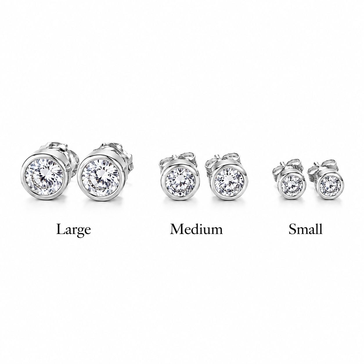 Classic round bezel CZ stud earrings crafted in 18K Gold Filled. Available in multiple sizes. Hypoallergenic, tarnish resistant, and perfect for everyday wear.