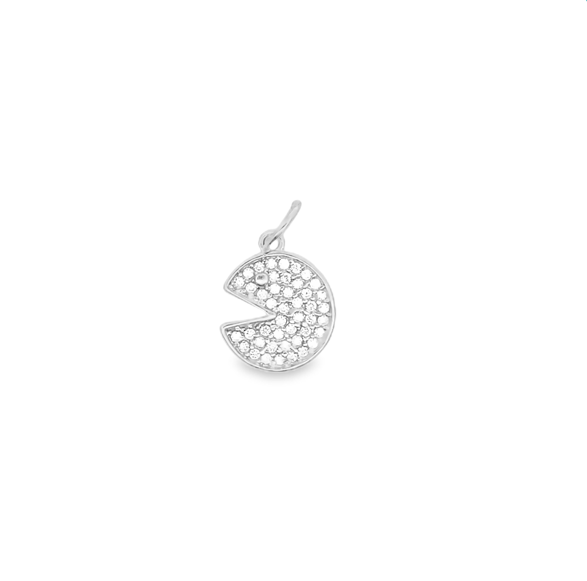 A silver Pac-Man pendant sparkles with pavé-set white diamonds against a clean white background.