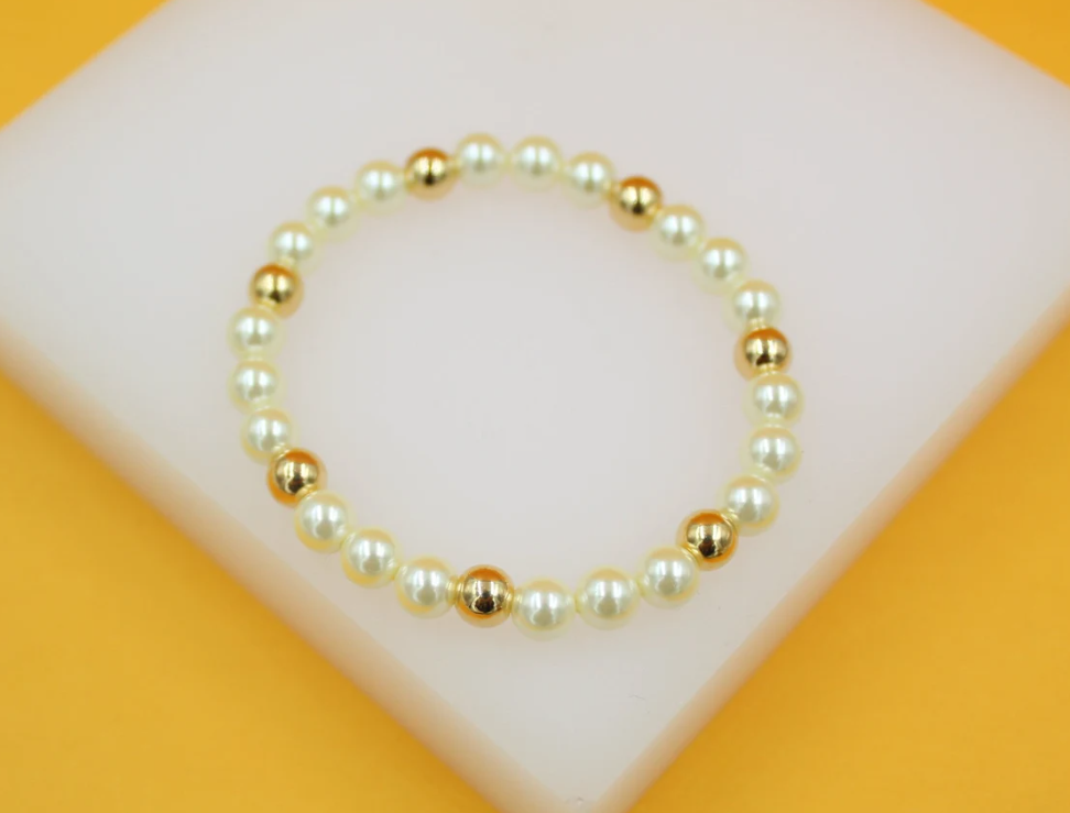 18K Gold Filled White Pearl Beaded Bracelet with 6mm Pearls (F249A)(I185)