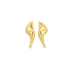 A pair of shiny gold abstract sculptural earrings gleams against a plain white background.
