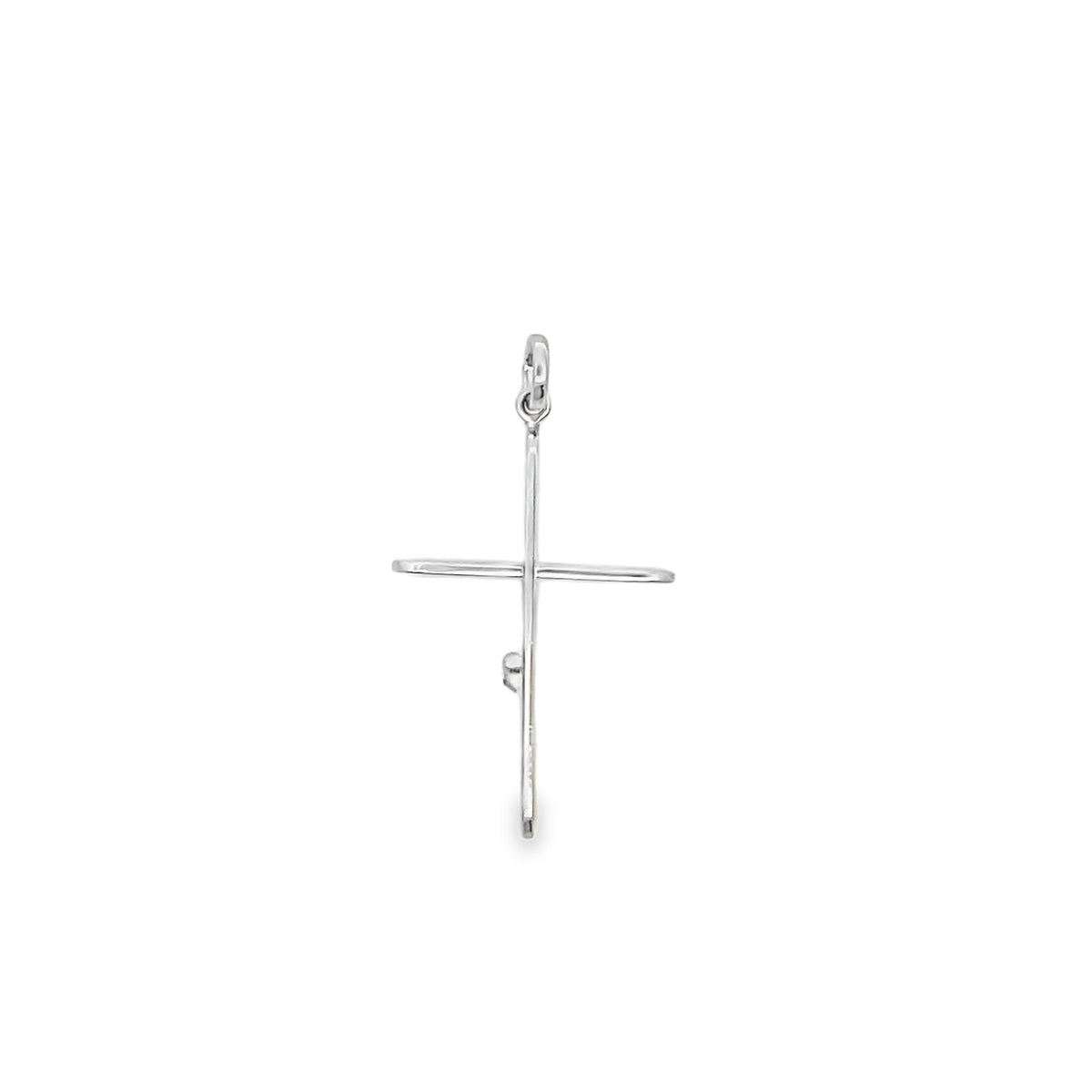 A minimalist silver cross pendant hangs against a clean white background.