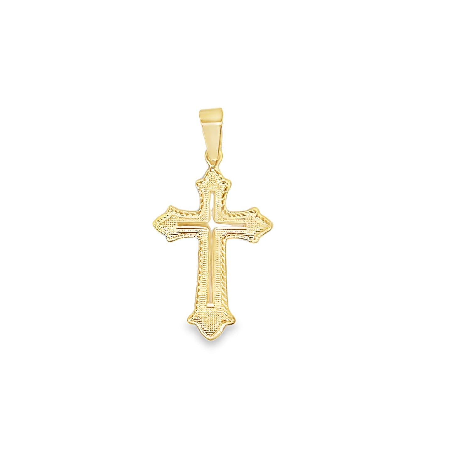 An intricate gold cross pendant with textured details and a polished bail hangs against a clean white background.