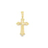 An intricate gold cross pendant with textured details and a polished bail hangs against a clean white background.