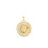 A round gold religious pendant features an intricately detailed depiction of the Virgin Mary surrounded by a sunburst halo design against a white background.