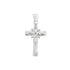 A polished silver crucifix pendant displays intricate detailing of Jesus on the cross against a clean white background.