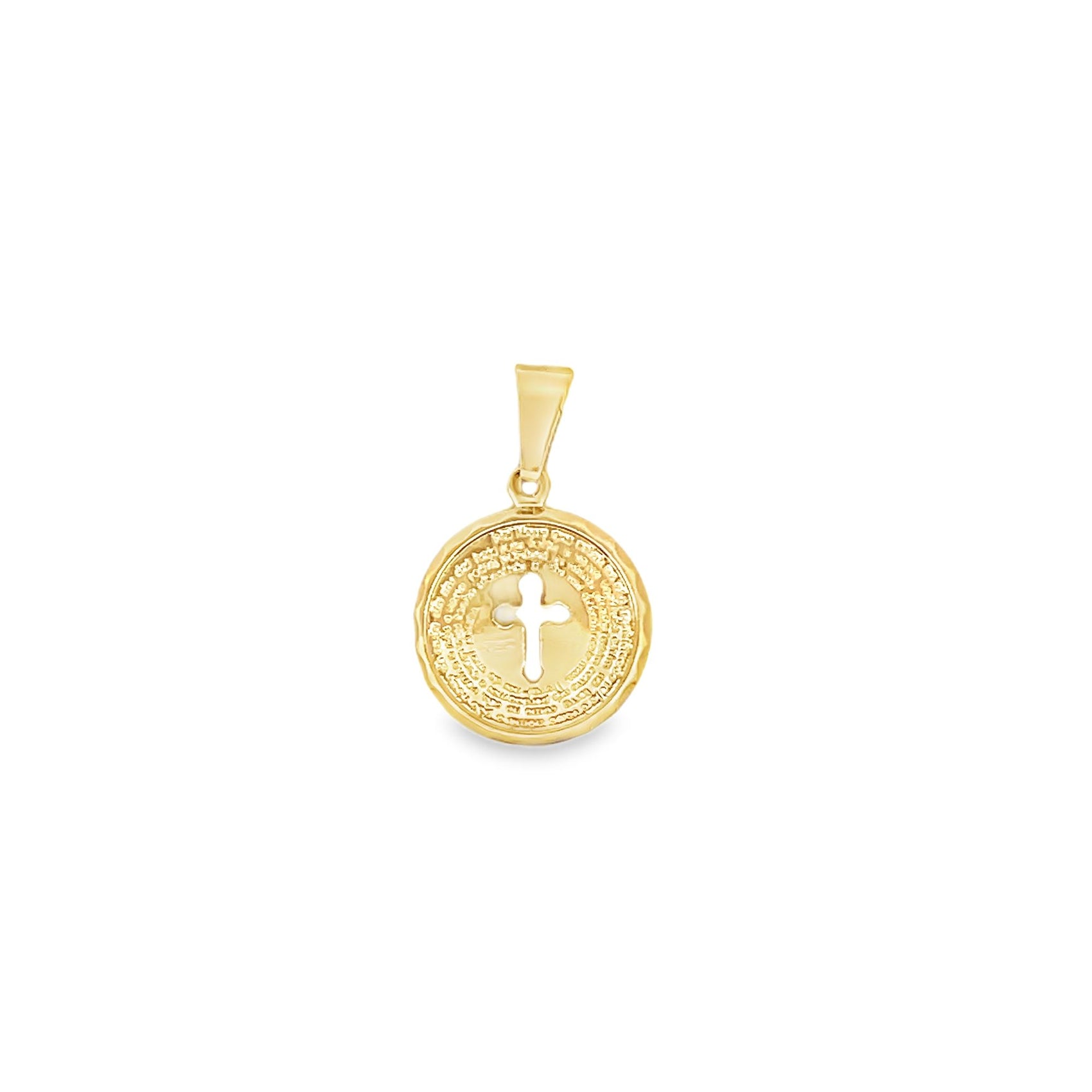 A gold pendant features a circular medal engraved with Lord's Prayer text surrounding a cutout cross in the center.