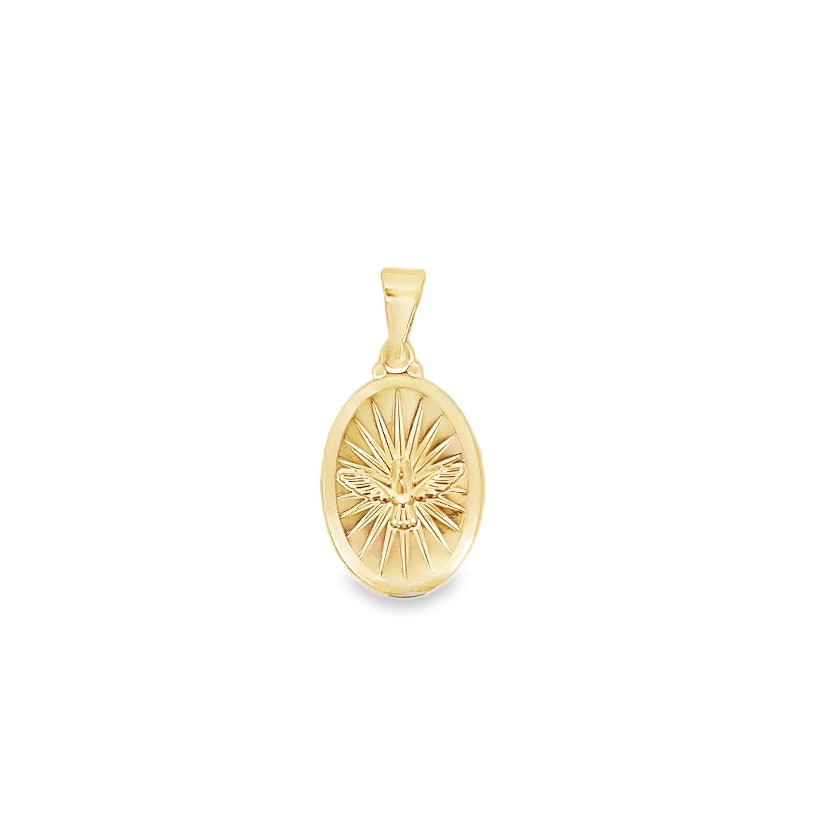 A gleaming gold oval pendant features a detailed engraving of the Holy Spirit dove surrounded by radiating sunburst rays.