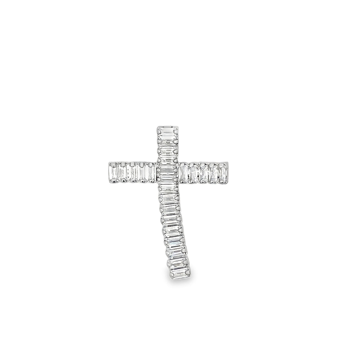 A diamond baguette cross pendant sparkles against a plain white background.