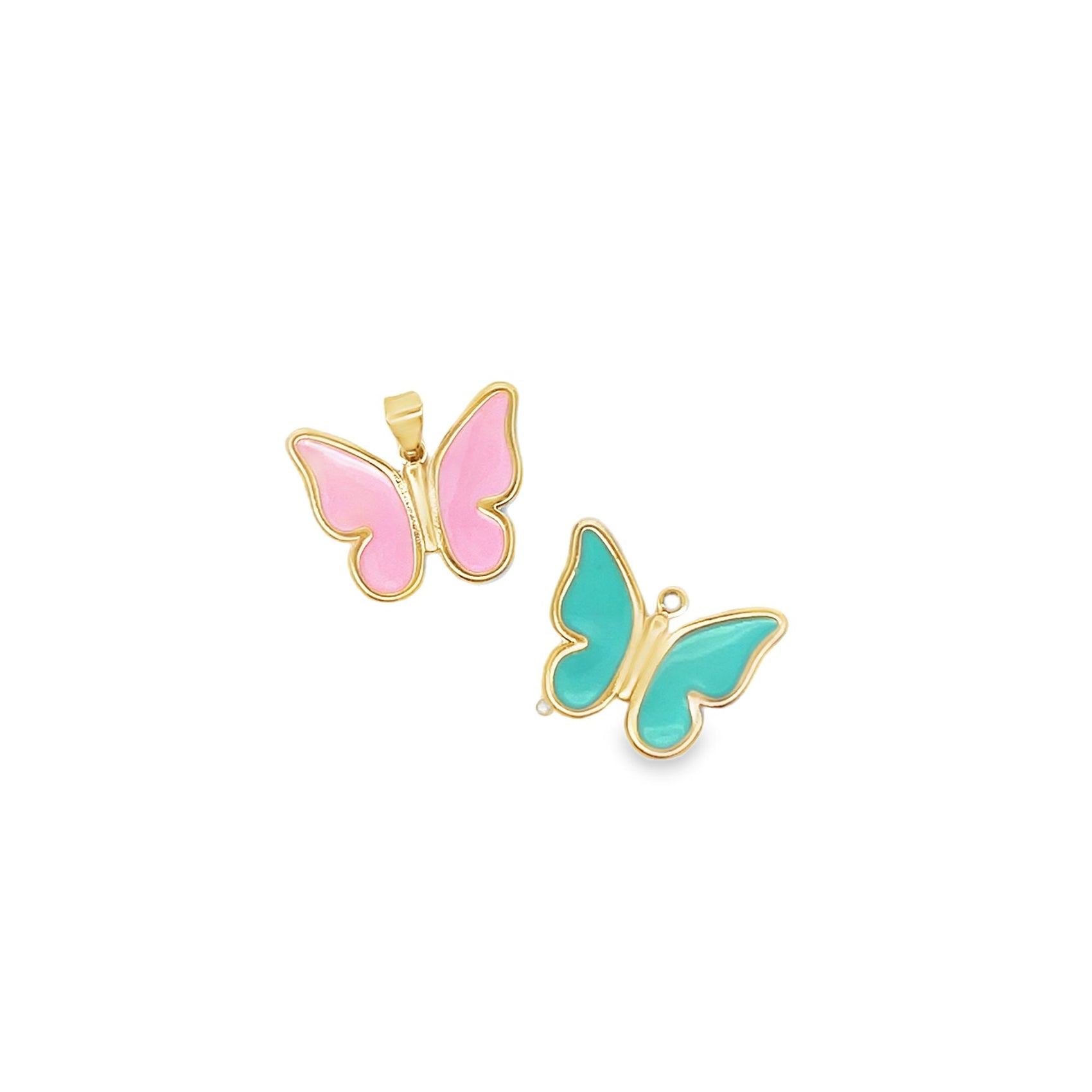 Two gold butterfly charms feature vibrant pink and turquoise enamel wings against a clean white background.