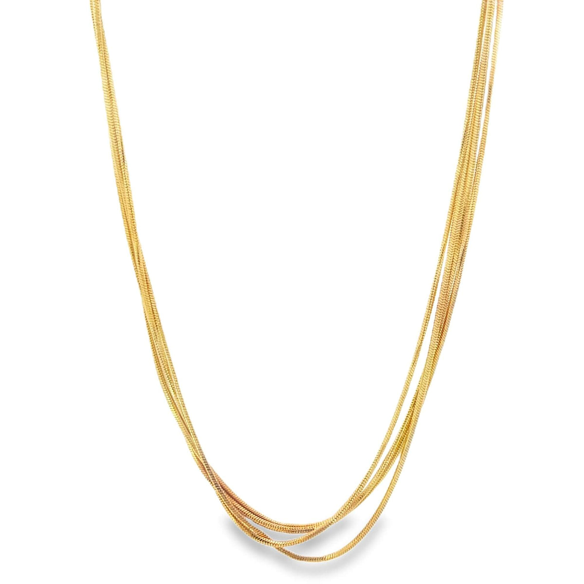 A delicate multi-strand gold chain necklace cascades gracefully against a clean white background.