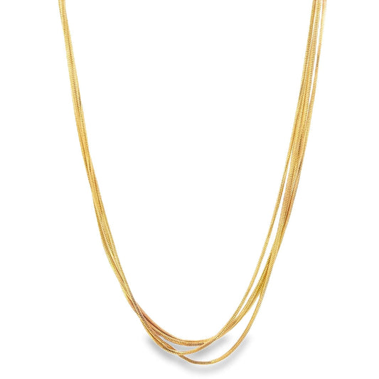 A delicate multi-strand gold chain necklace cascades gracefully against a clean white background.