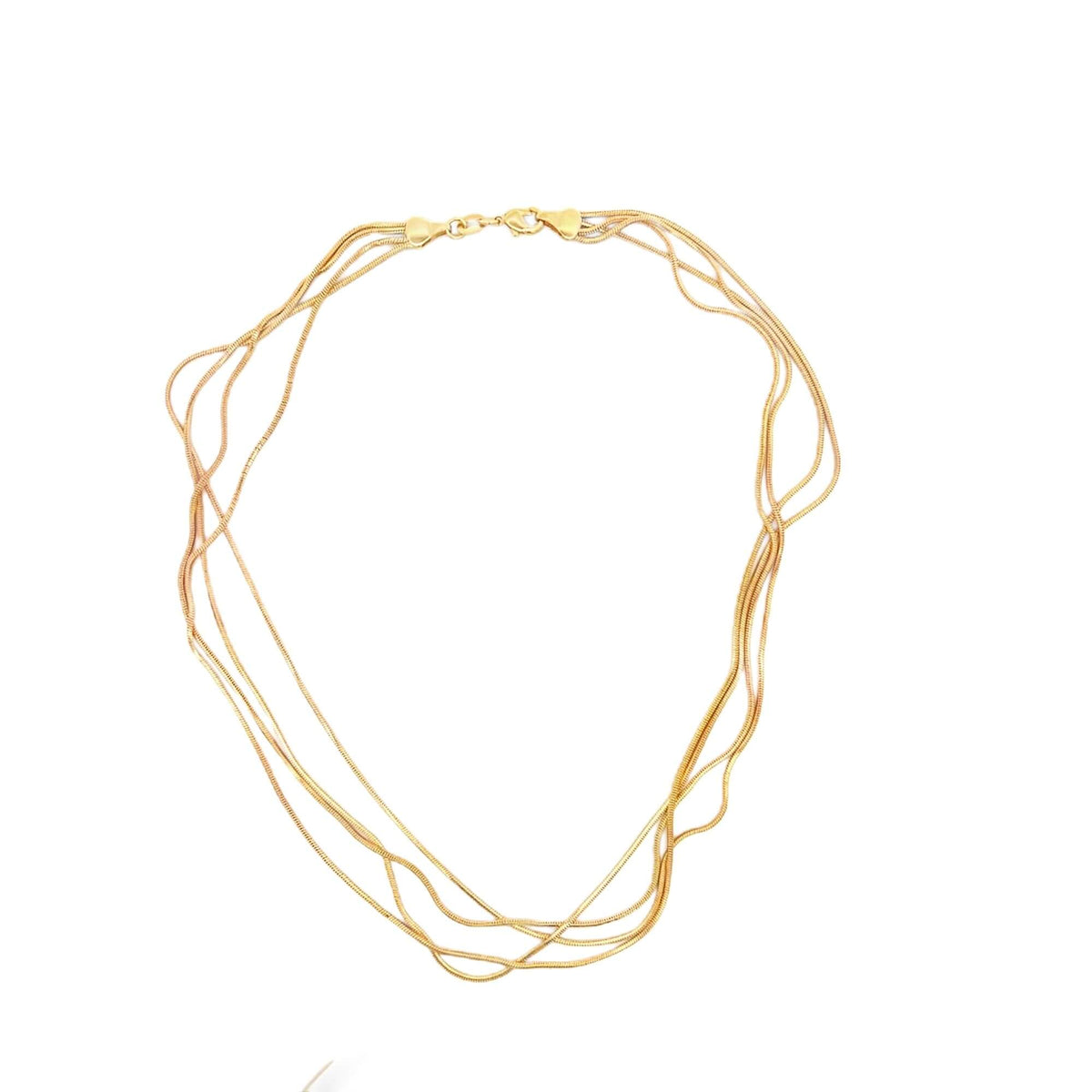A multi-strand gold chain necklace rests gracefully against a clean white background.