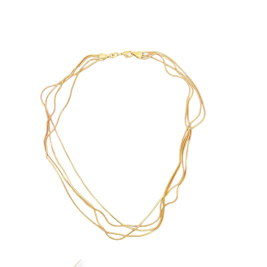 A multi-strand gold chain necklace rests gracefully against a clean white background.