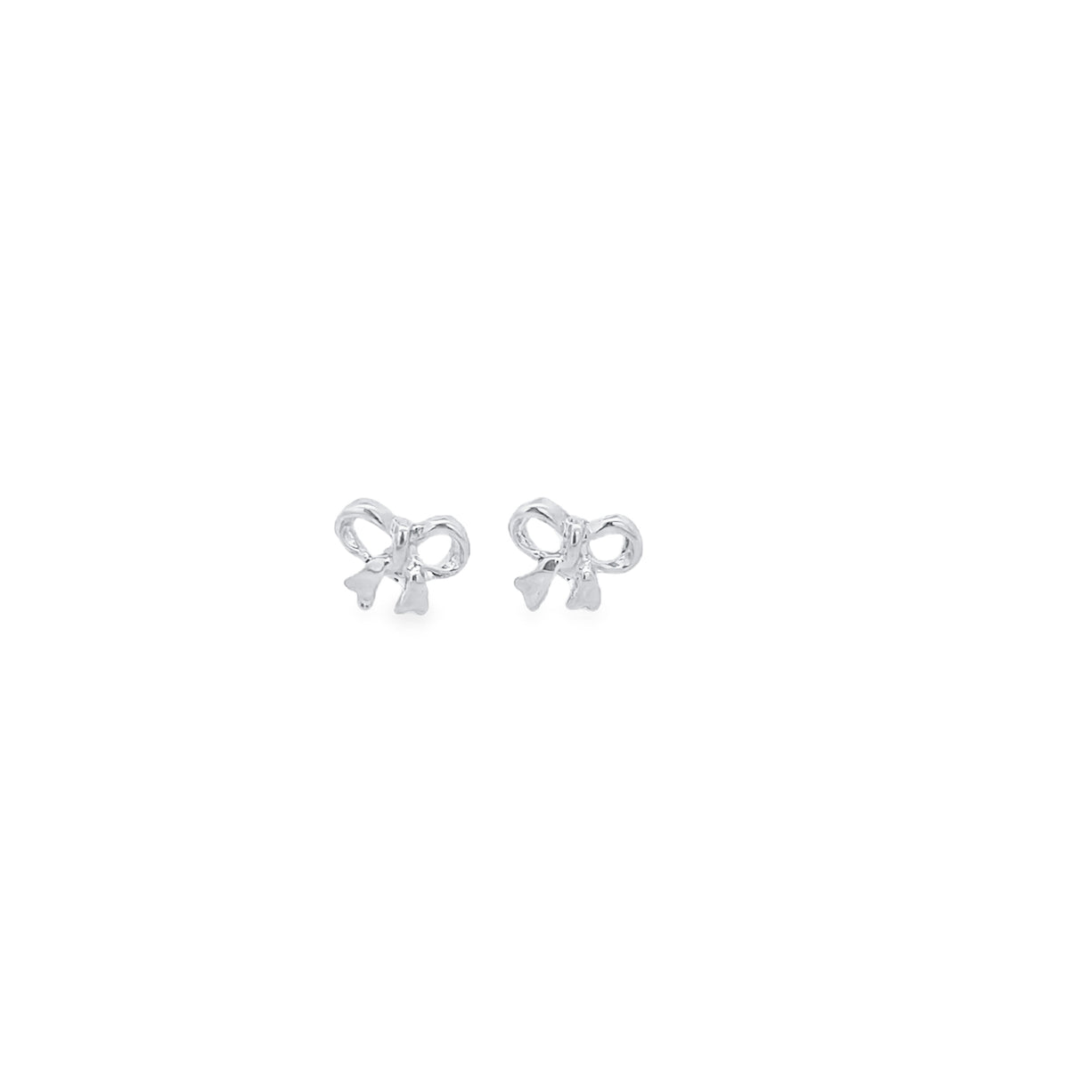 A pair of delicate silver bow stud earrings gleams against a clean white background.