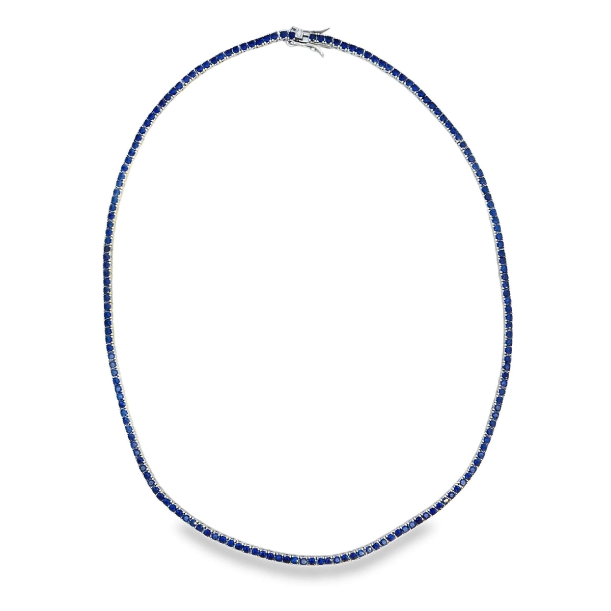 A stunning diamond tennis necklace sparkles against a clean white background.