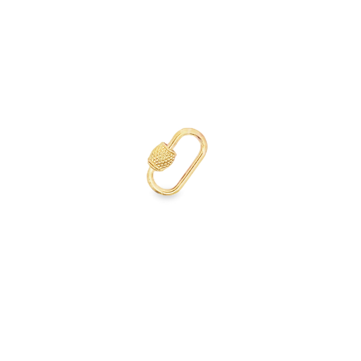 A polished yellow gold carabiner charm features a textured, knurled screw lock mechanism on a white background.