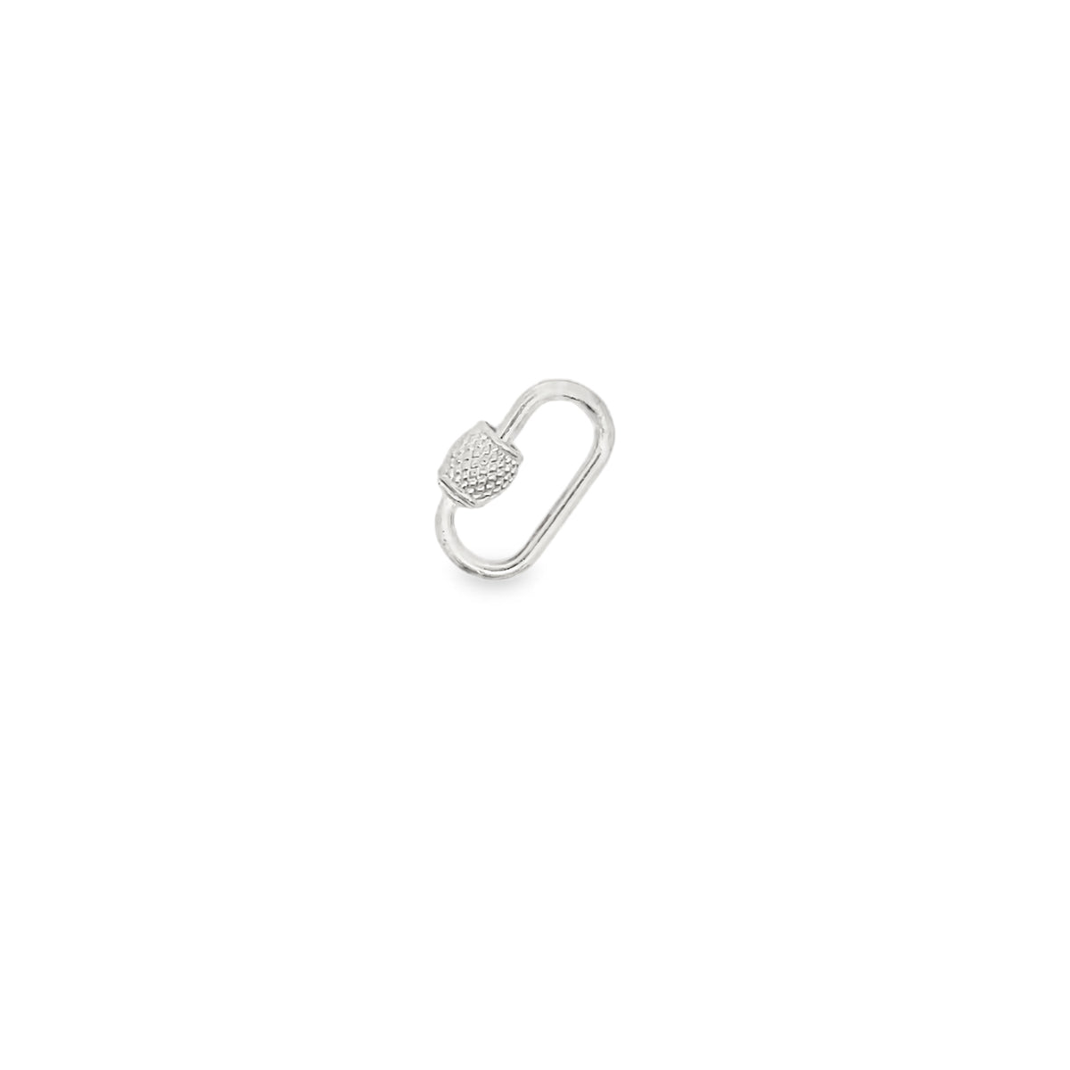 A silver carabiner charm features a textured, screw-lock barrel against a clean white background.