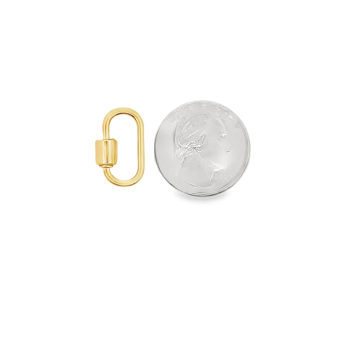 A small gold oval lock charm rests next to a US quarter coin to show scale.