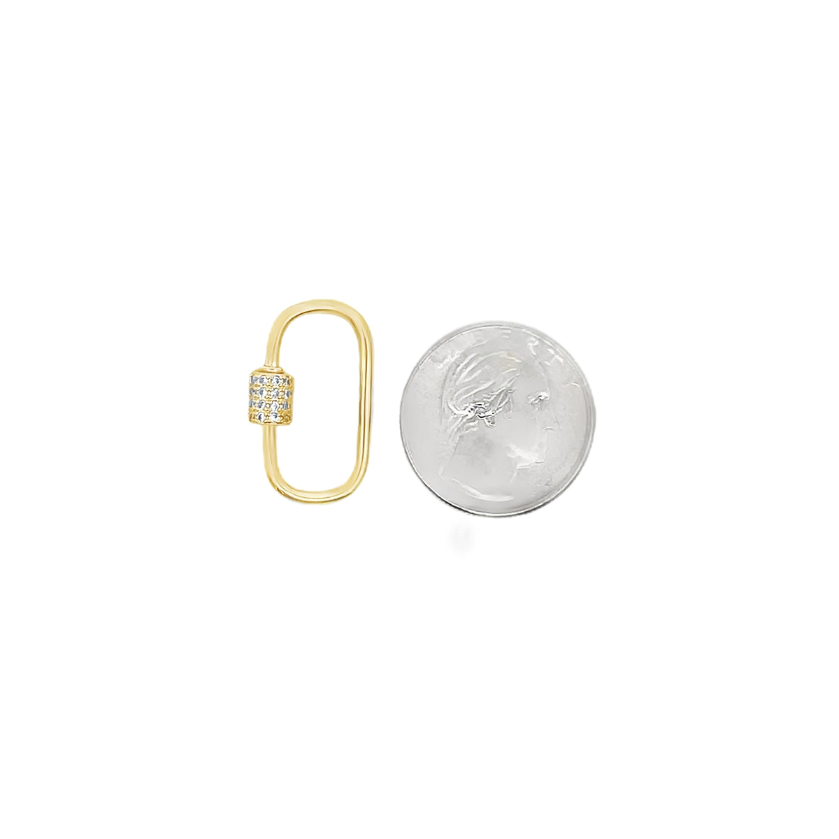 A gold pavé diamond charm connector rests next to a US quarter for scale.