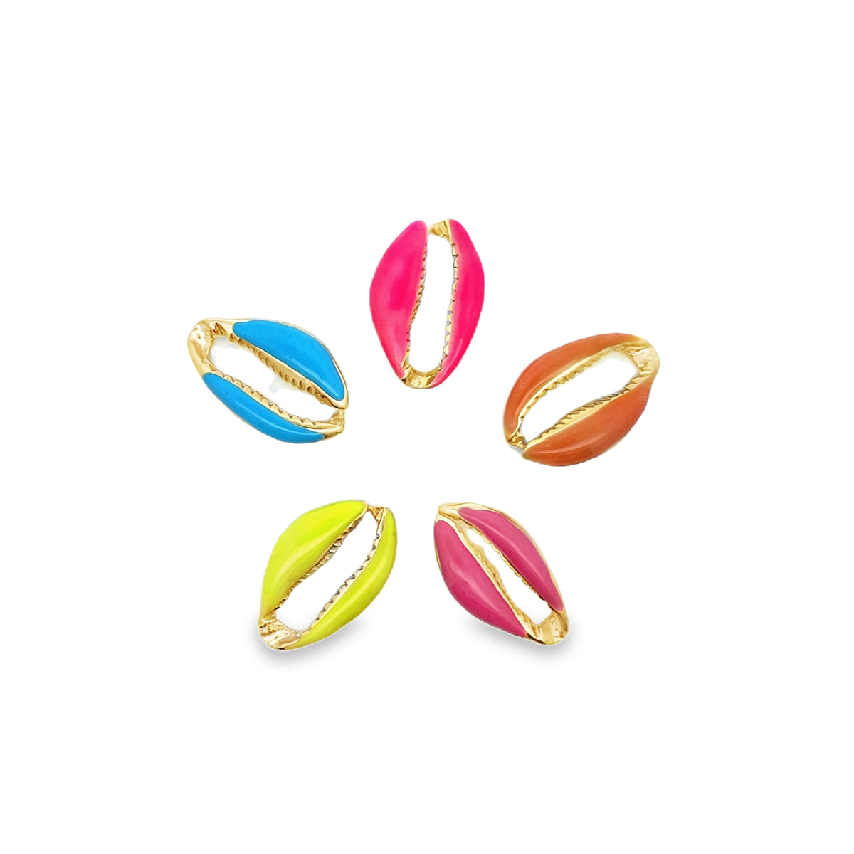 Five vibrant, enameled cowrie shell charms in bright neon colors—blue, pink, orange, yellow, and magenta—with gold trim are arranged in a circle against a white background.