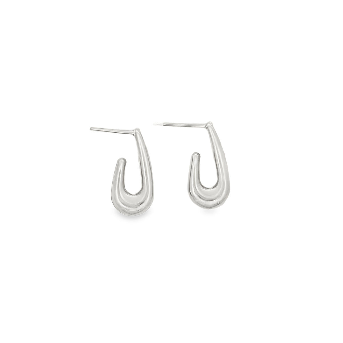 A pair of sleek silver J-hoop earrings displays a polished U-shaped design against a plain white background.
