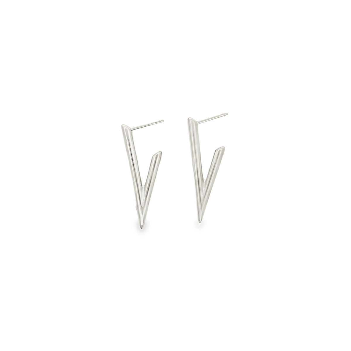 A pair of sleek silver V-shaped stud earrings rests against a clean white background.