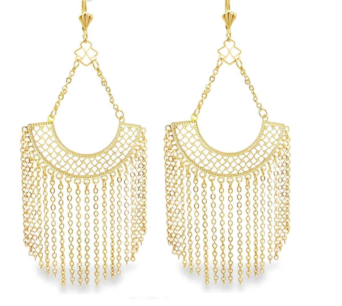 A pair of ornate gold chandelier earrings features a geometric lattice half-moon design cascading down with delicate link chain fringe.