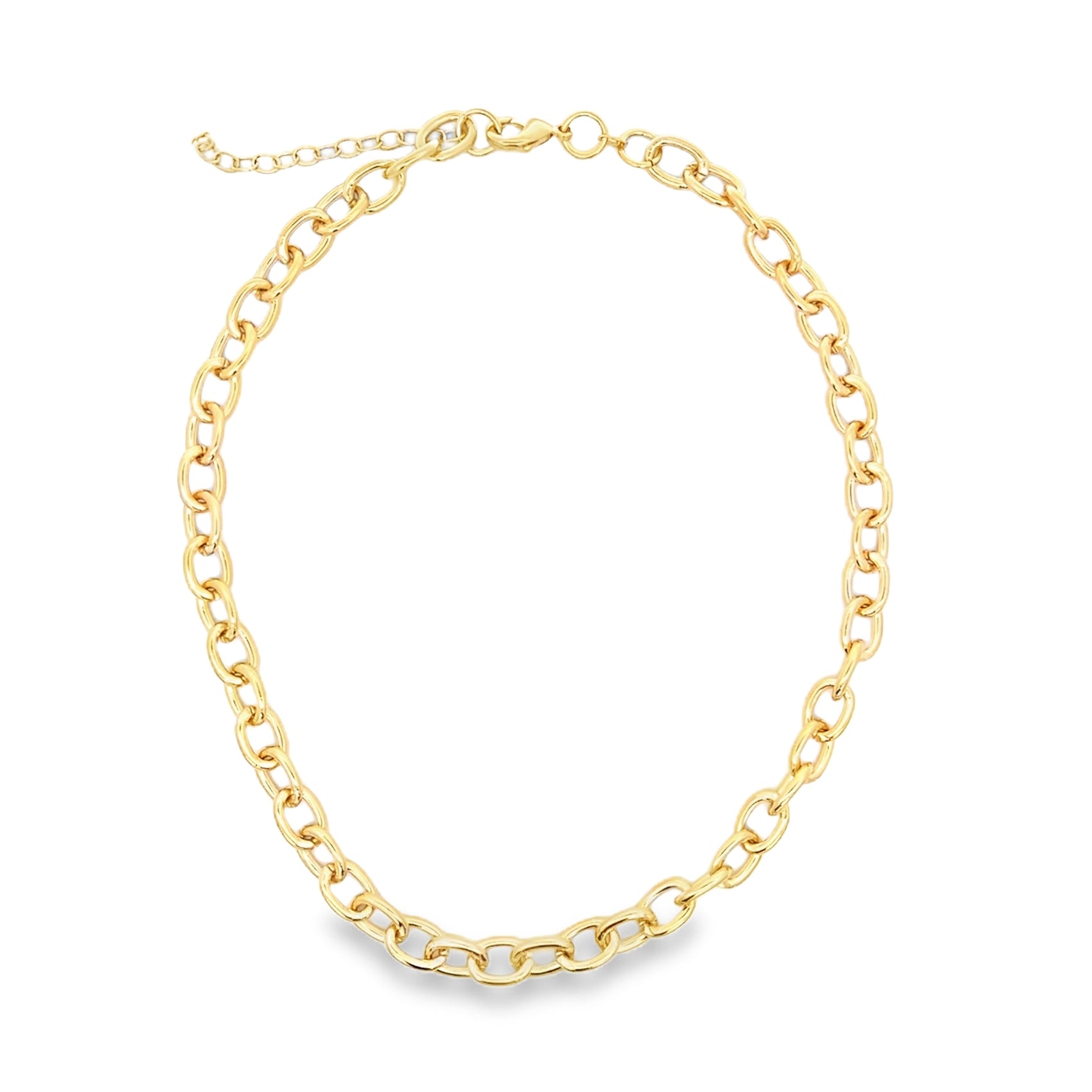 A thick gold link chain necklace lies displayed against a clean white background.
