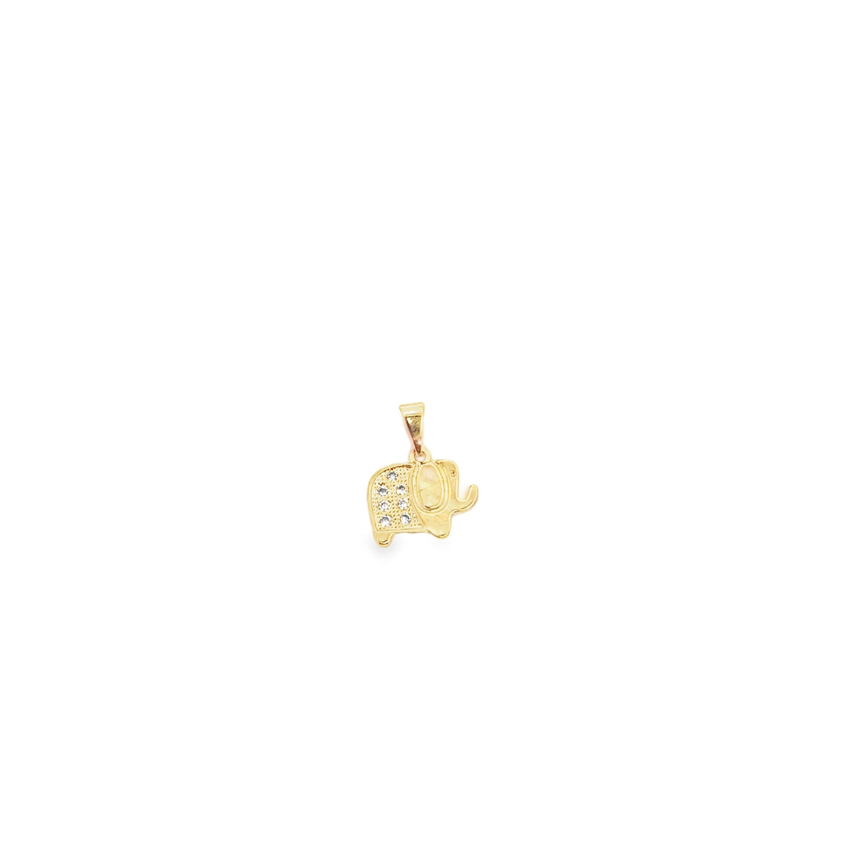 A gold elephant pendant sparkles with inlaid cubic zirconia stones on a white background.