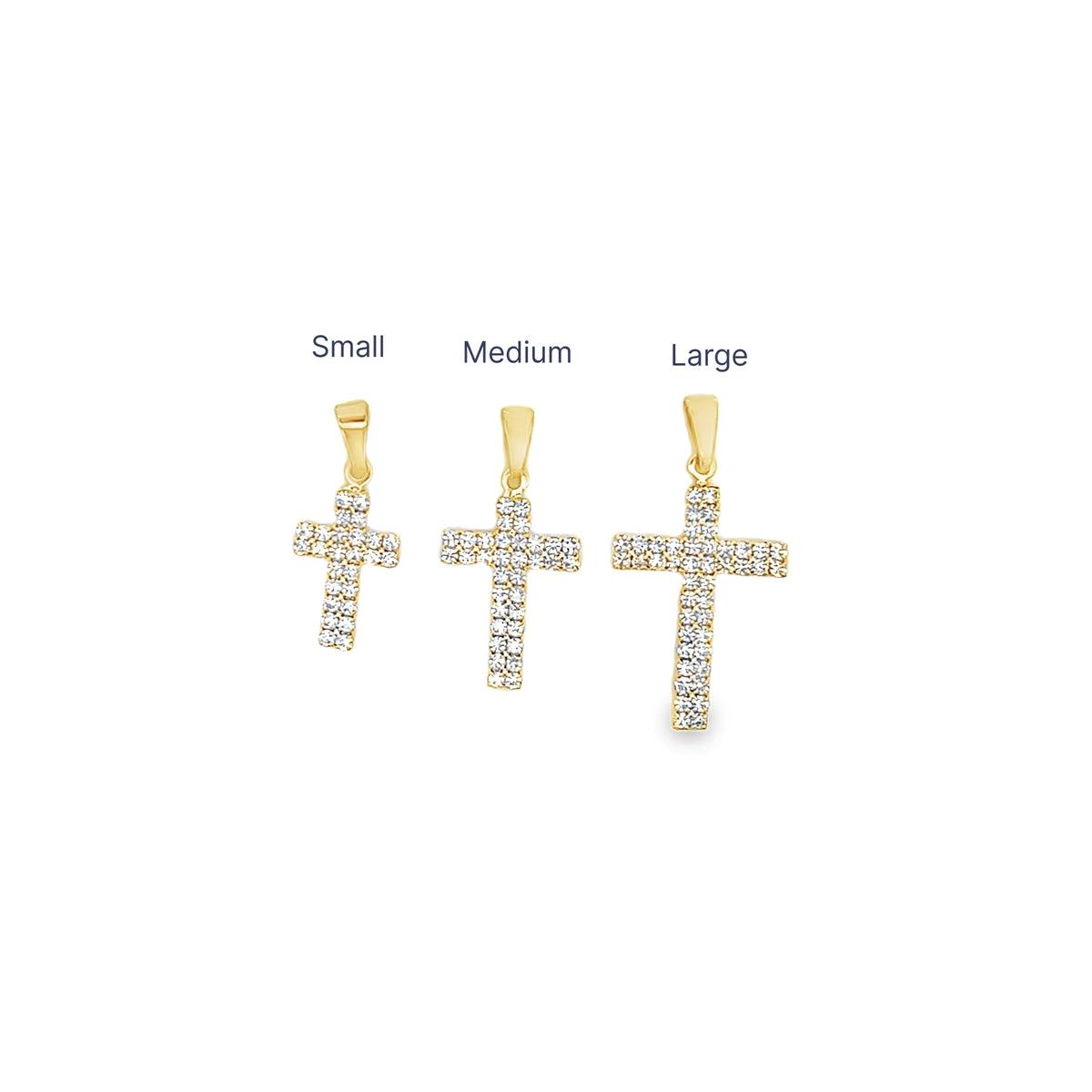 Three gold cross pendants encrusted with diamonds are displayed in small, medium, and large sizes.