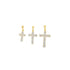 Three graduating gold cross pendants encrusted with shimmering diamonds are displayed on a white background.