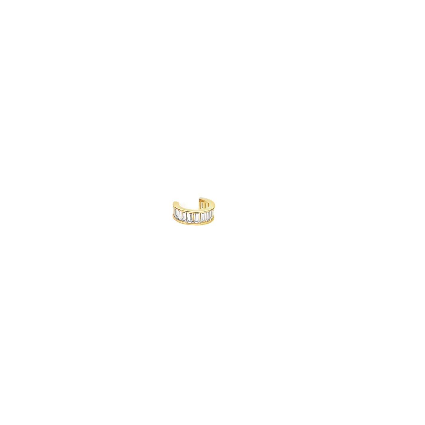A sleek gold ear cuff sparkles with a row of baguette-cut diamonds against a clean white background.