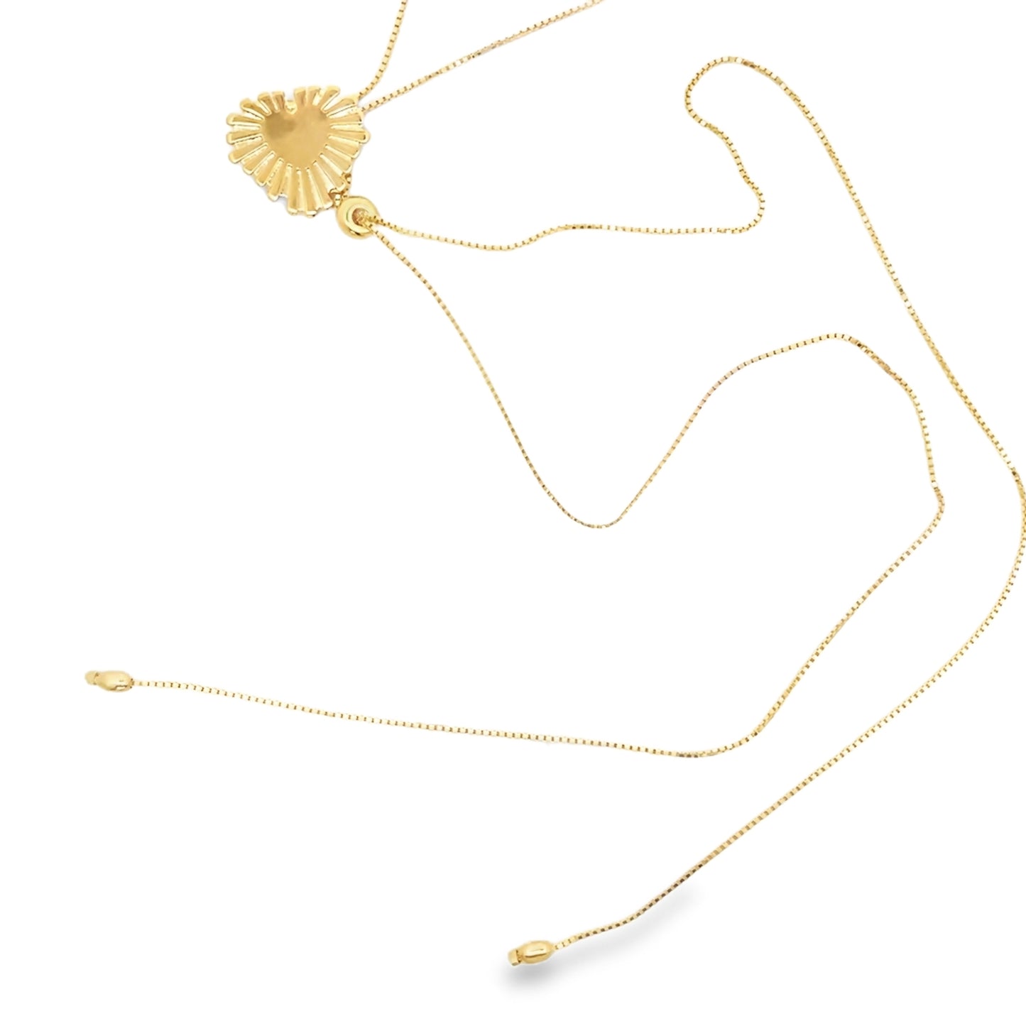 A delicate gold pendant necklace features a textured heart charm on a slender chain against a white background.