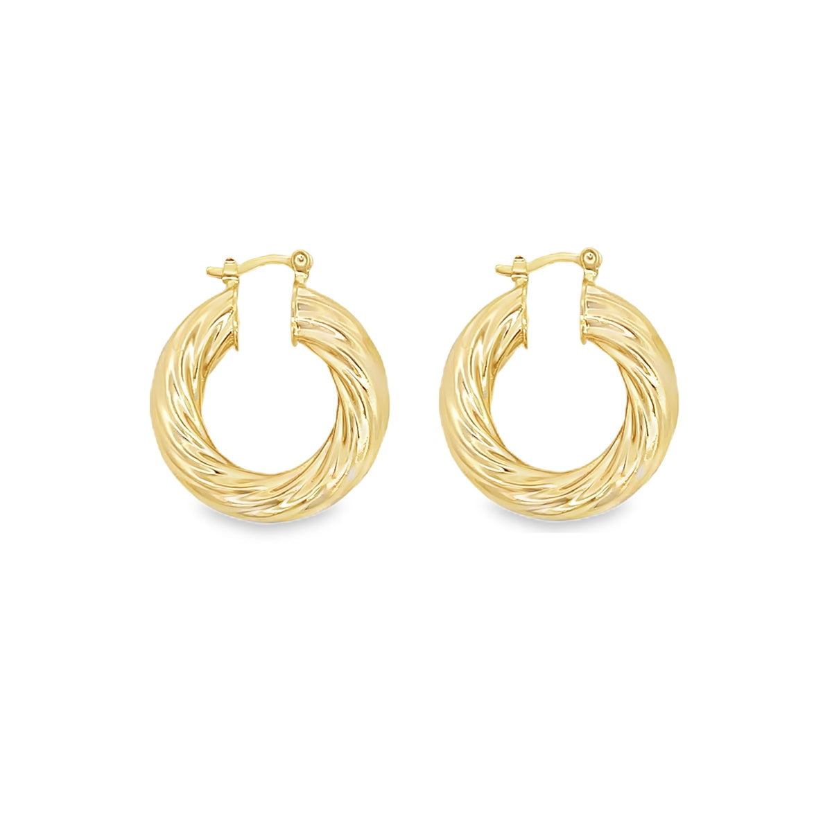 A pair of polished gold twisted hoop earrings gleams against a clean white background.