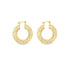 A pair of polished gold twisted hoop earrings gleams against a clean white background.
