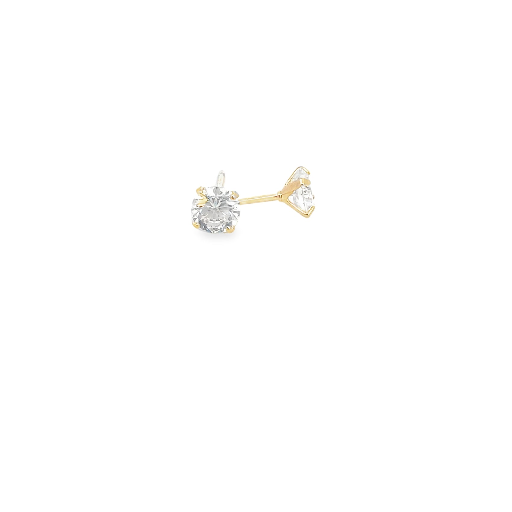 A classic gold solitaire diamond stud earring glistens against a clean white background.