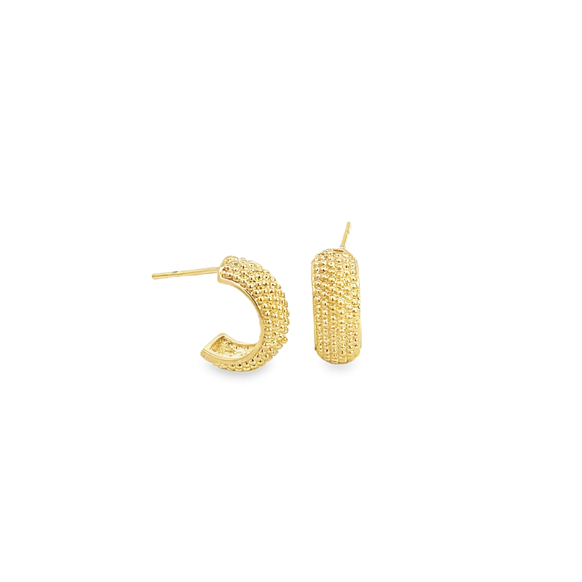A pair of textured gold hoop earrings displays a detailed beaded surface against a clean white background.